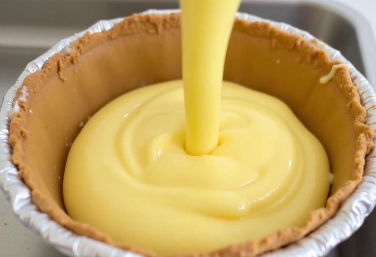 Pouring creamy custard into the tart shell for The Lion King Rafiki's Circle of Life Fruit Tart, highlighting the smooth filling.