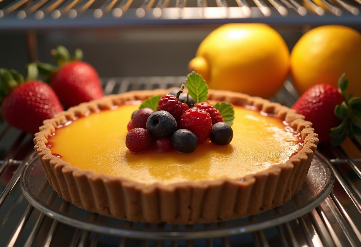Setting The Lion King Rafiki's Circle of Life Fruit Tart in the refrigerator, showcasing its colorful fruit design during the chilling process.