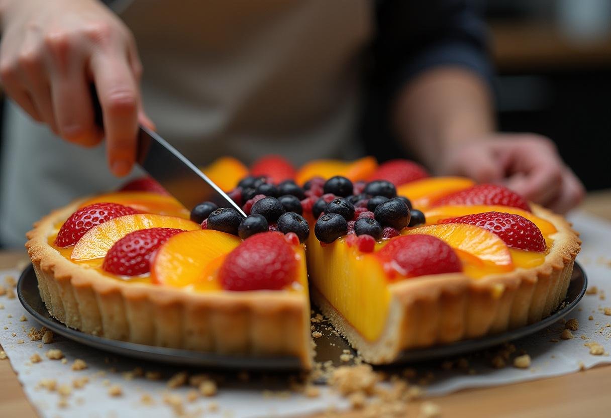 Slicing The Lion King Rafiki's Circle of Life Fruit Tart, revealing delicious layers of fruit and creamy custard.