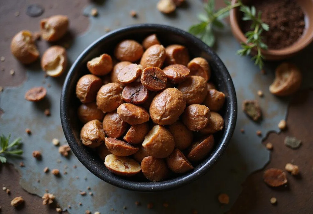 A bowl of The Lion King Scar's Shadowy Spiced Nuts, ready to be enjoyed, perfect for festive occasions or snacking.