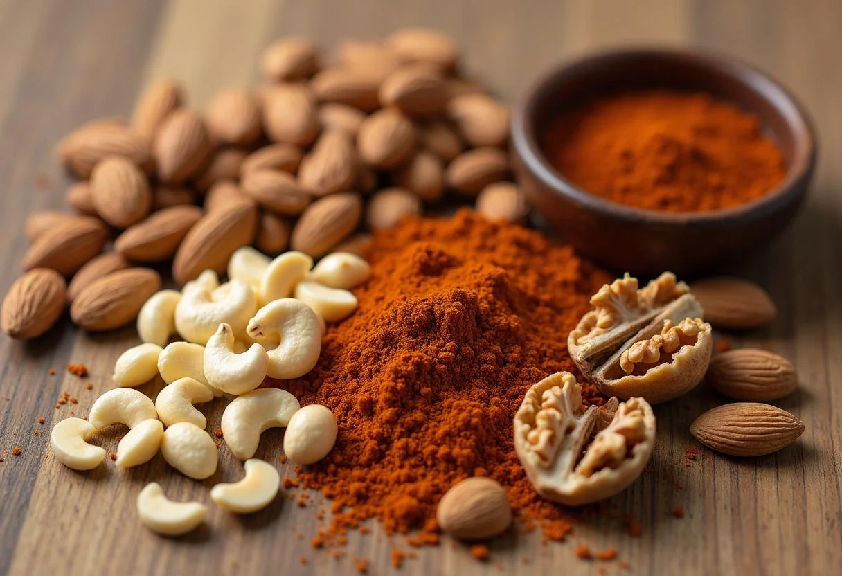 Raw nuts and spice mix for The Lion King Scar's Shadowy Spiced Nuts recipe, ready to be seasoned.