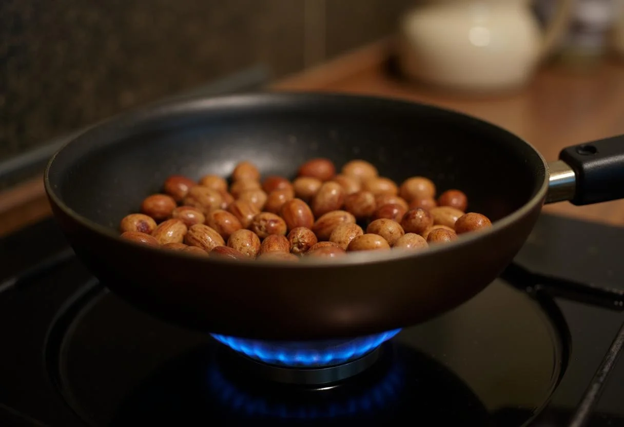 Roasting nuts in a pan for The Lion King Scar's Shadowy Spiced Nuts, enhancing their flavor in a home kitchen.