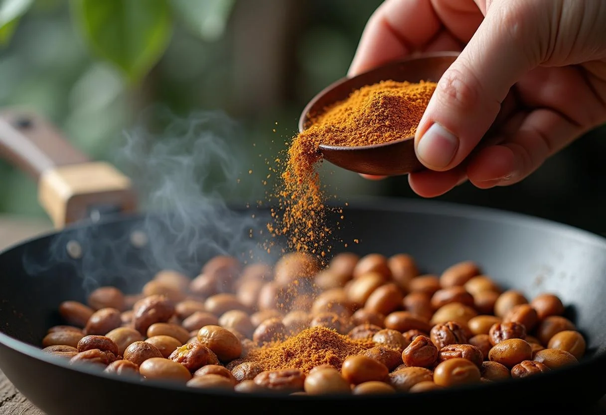Seasoning roasted nuts with spice mix for The Lion King Scar's Shadowy Spiced Nuts, infusing flavor and aroma.