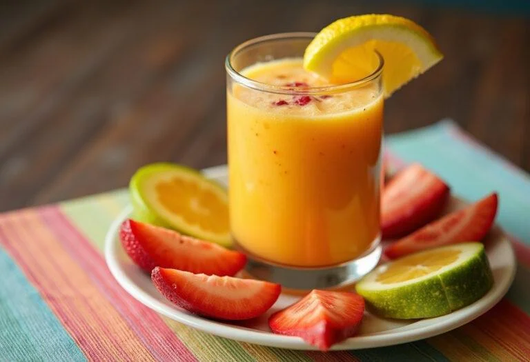Enjoy The Lion King Simba's Sunrise Smoothie displayed with fresh fruit garnishes, making it a delightful and refreshing beverage for any occasion.
