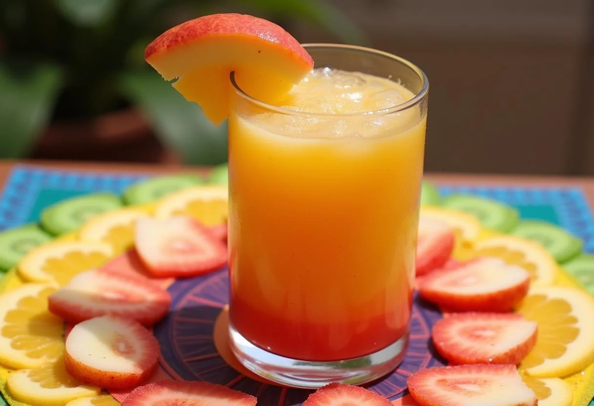 Enjoy The Lion King Simba's Sunrise Smoothie displayed with fresh fruit garnishes, making it a delightful and refreshing beverage for any occasion.
