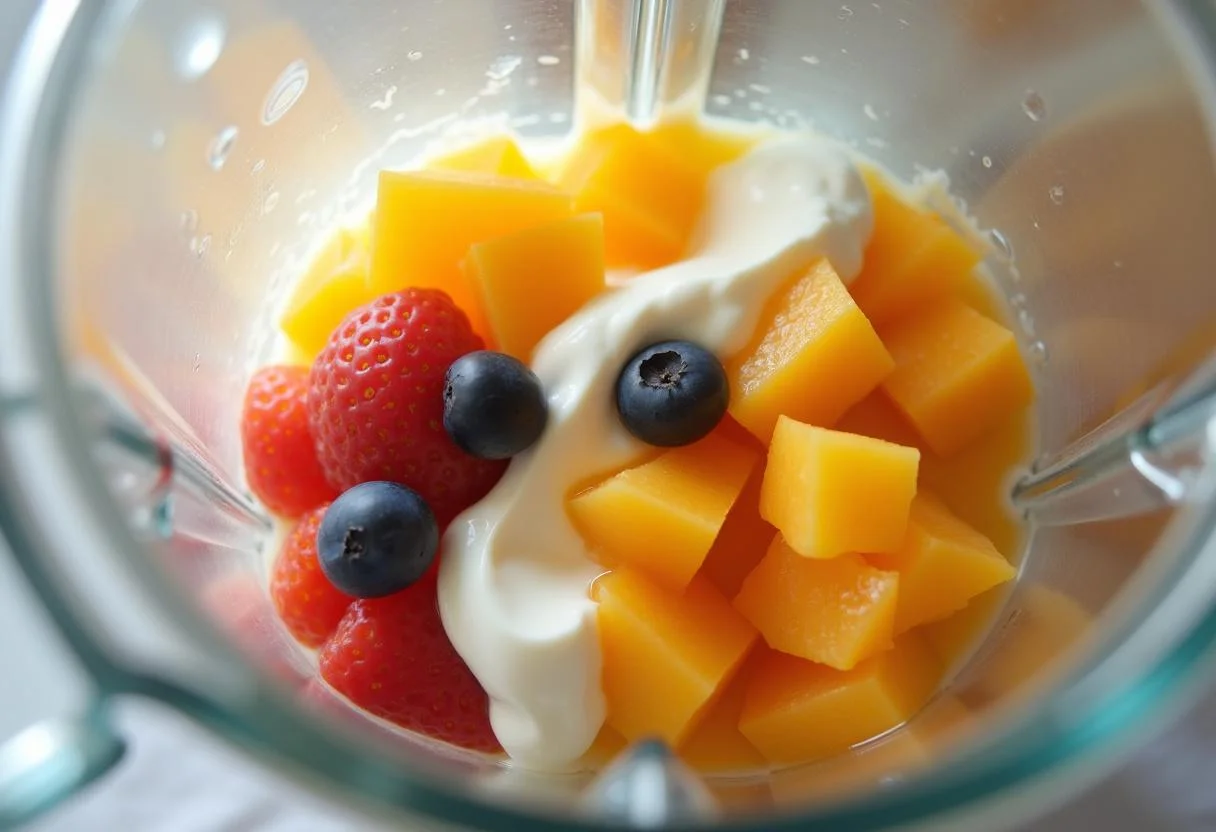 Ingredients blending in the making of The Lion King Simba's Sunrise Smoothie, including fruits, yogurt, and orange juice, creating a delicious creamy mixture.