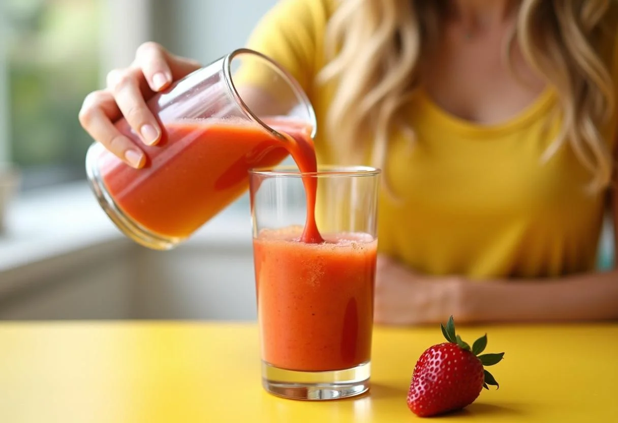 Pouring The Lion King Simba's Sunrise Smoothie into a glass, showcasing the bright orange color and berry swirls for an inviting presentation.