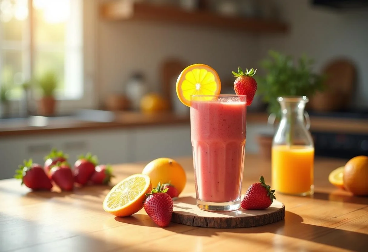 The Lion King Simba's Sunrise Smoothie served beautifully in a glass with garnishes, perfect for brightening up your day in a sunny kitchen atmosphere.