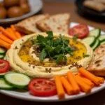 A stunning display of The Lion King Timon's Hakuna Matata Hummus, served with vegetable sticks and pita, presenting an appetizing and inviting meal.