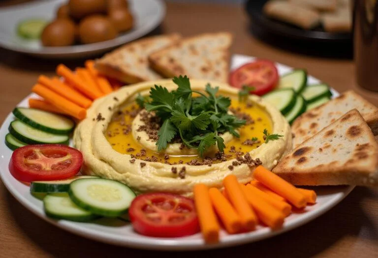 A stunning display of The Lion King Timon's Hakuna Matata Hummus, served with vegetable sticks and pita, presenting an appetizing and inviting meal.