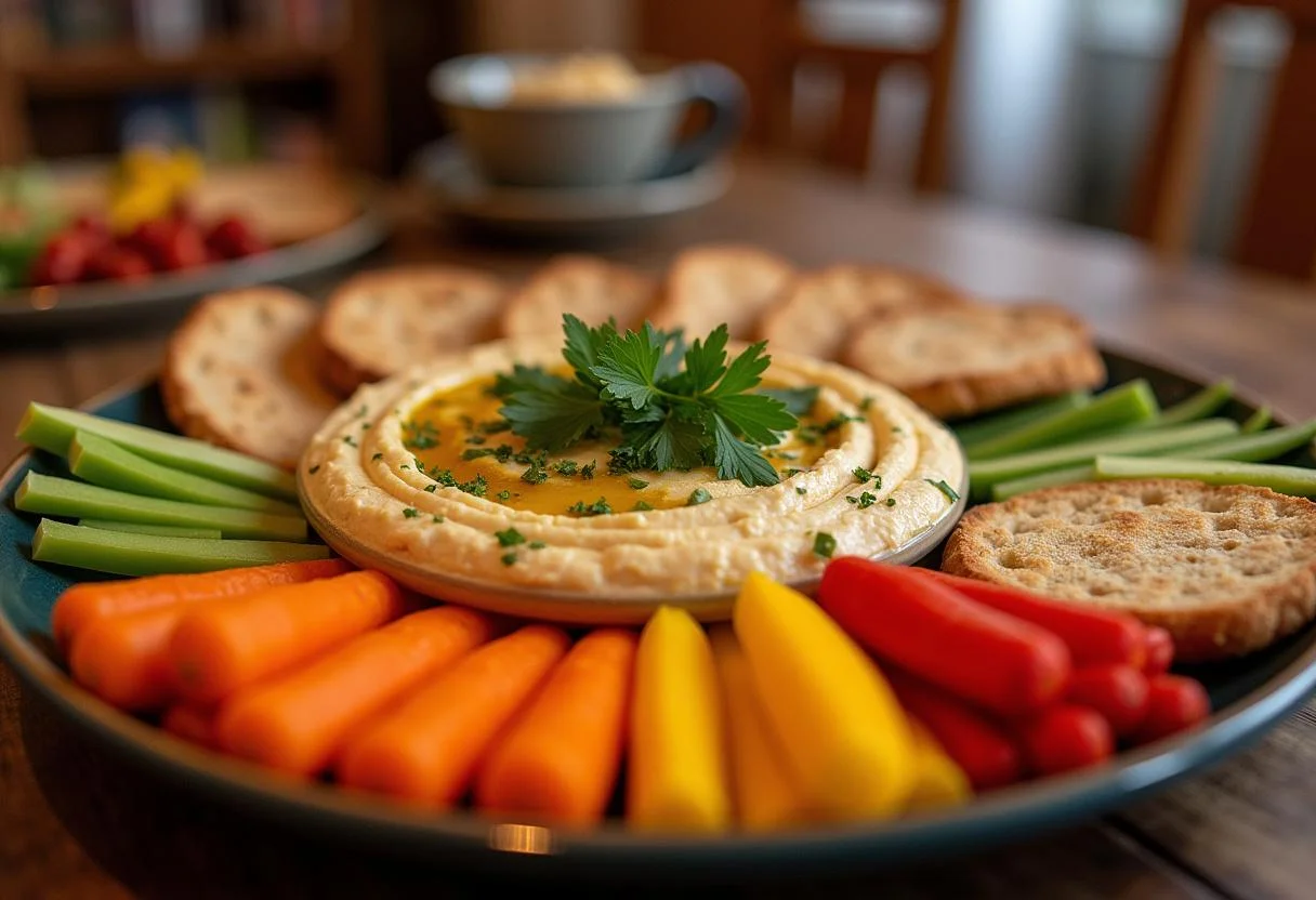 A stunning display of The Lion King Timon's Hakuna Matata Hummus, served with vegetable sticks and pita, presenting an appetizing and inviting meal.