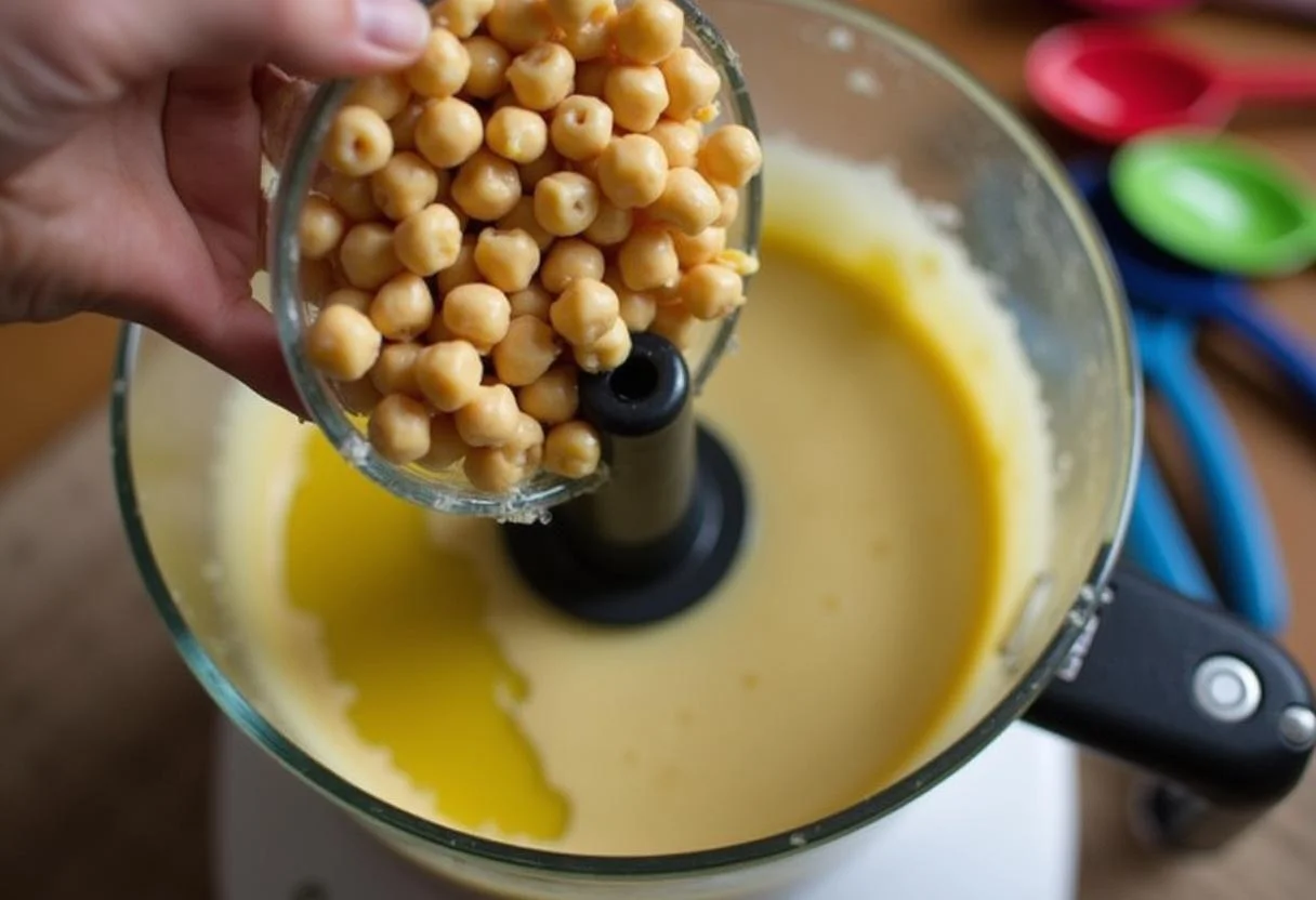 Adding chickpeas, tahini, and lemon juice to a food processor for creating The Lion King Timon's Hakuna Matata Hummus, showcasing the vibrant kitchen environment.