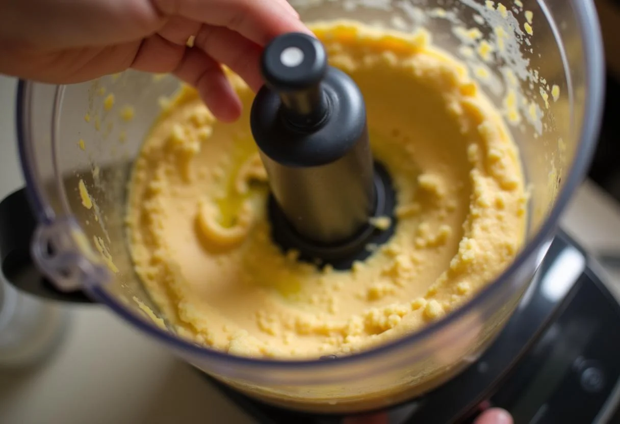 Blending ingredients to create a creamy texture for The Lion King Timon's Hakuna Matata Hummus, capturing the process in a well-lit kitchen.
