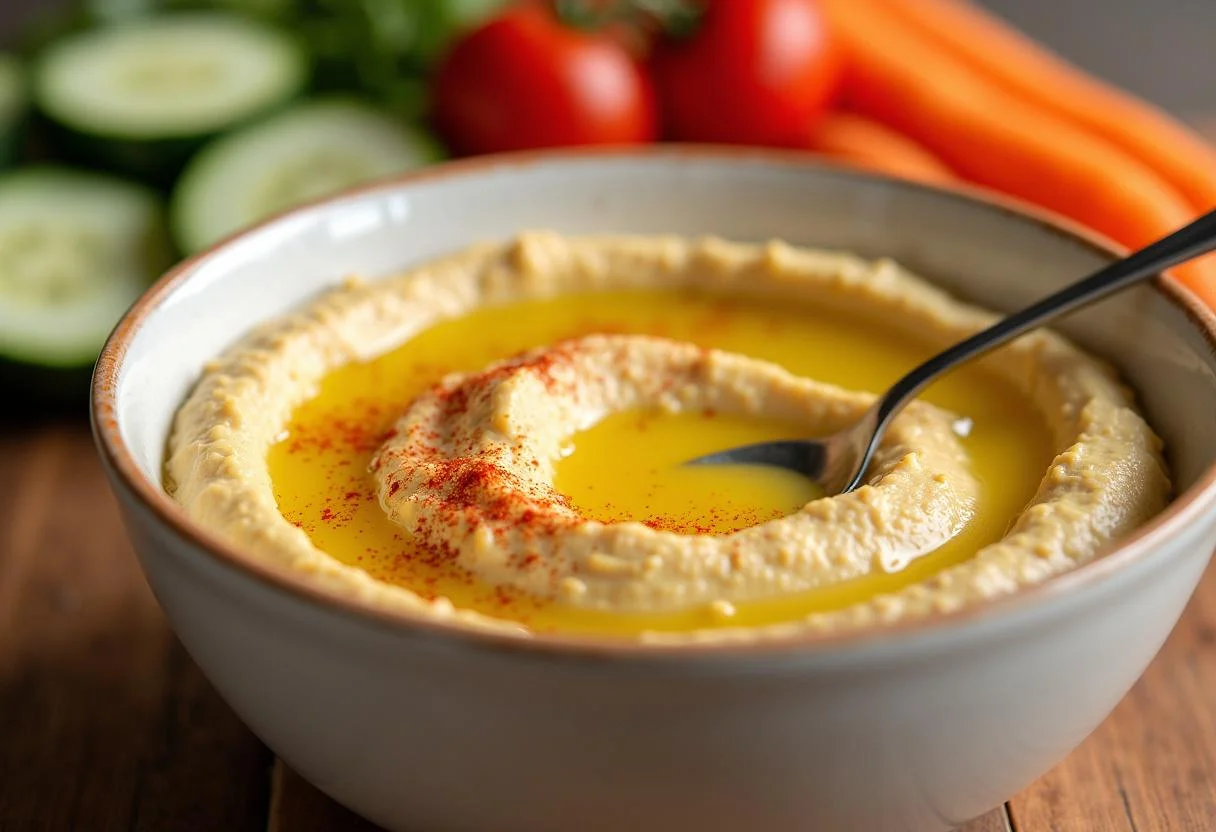 Transferring finished hummus into a bowl and garnishing for The Lion King Timon's Hakuna Matata Hummus, surrounded by fresh vegetables for dipping.