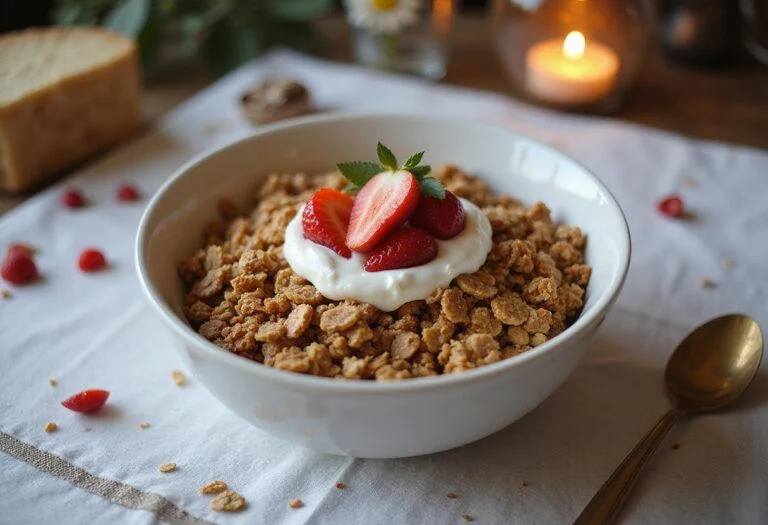 The final dish of The Lord of the Rings Gandalf's Grey Havens Granola served in a bowl with yogurt and fresh fruit, presenting a delightful and healthy breakfast.
