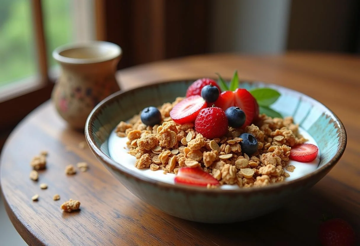 The final dish of The Lord of the Rings Gandalf's Grey Havens Granola served in a bowl with yogurt and fresh fruit, presenting a delightful and healthy breakfast.