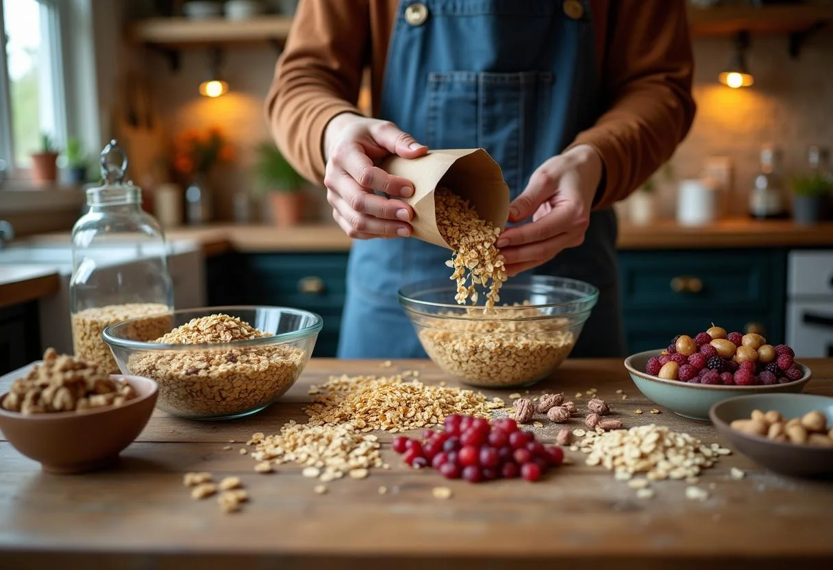 The Lord of the Rings Gandalf's Grey Havens Granola ingredients preparation with oats, nuts and dried fruits on a rustic wooden table.
