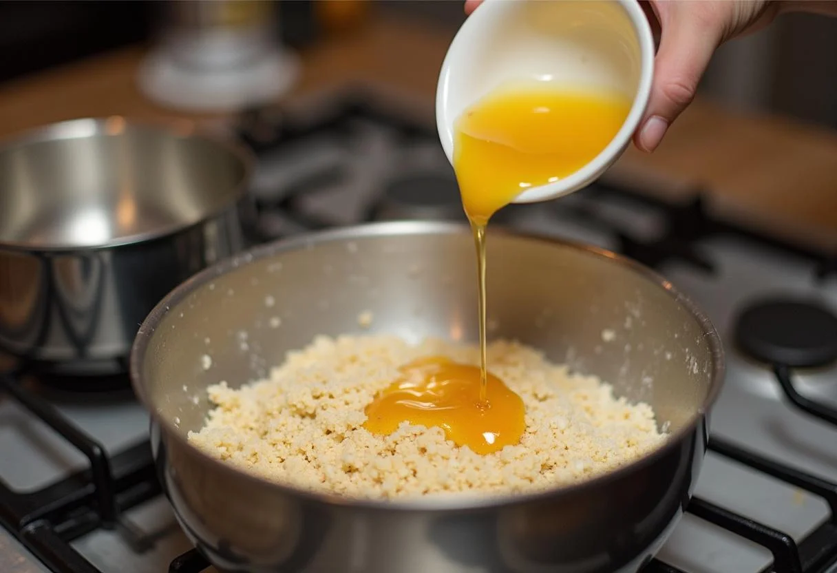 Pouring coconut oil and honey into the granola mix for The Lord of the Rings Gandalf's Grey Havens Granola with a warm kitchen background.