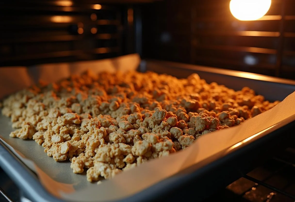 Spreading the granola mixture on a baking sheet for The Lord of the Rings Gandalf's Grey Havens Granola, preparing for the baking process.