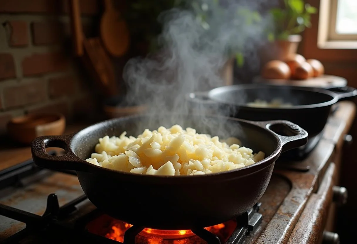 Delicious and flavorful The Lord of the Rings Orc Draught Onion Soup being prepared with sautéed onions in a rustic kitchen.