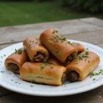 Deliciously presented The Lord of the Rings Shire Sausage Rolls served on a plate with herbs, ideal for a feast.