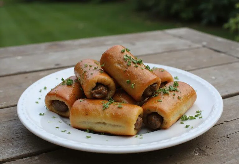 Deliciously presented The Lord of the Rings Shire Sausage Rolls served on a plate with herbs, ideal for a feast.