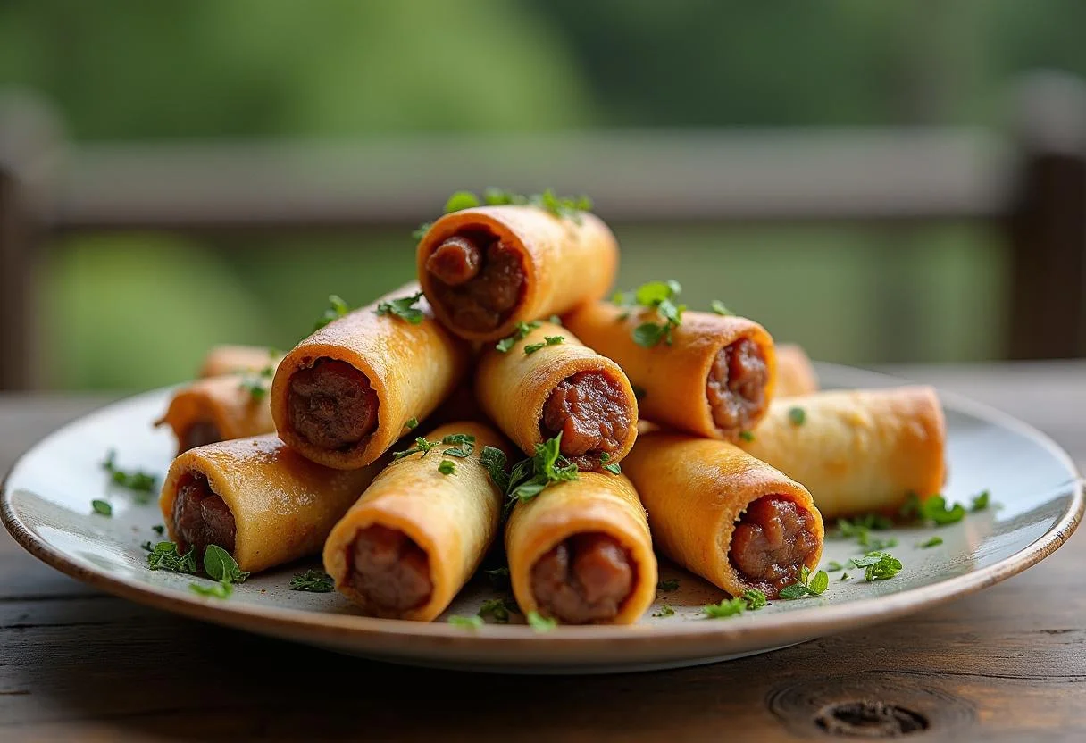 Deliciously presented The Lord of the Rings Shire Sausage Rolls served on a plate with herbs, ideal for a feast.