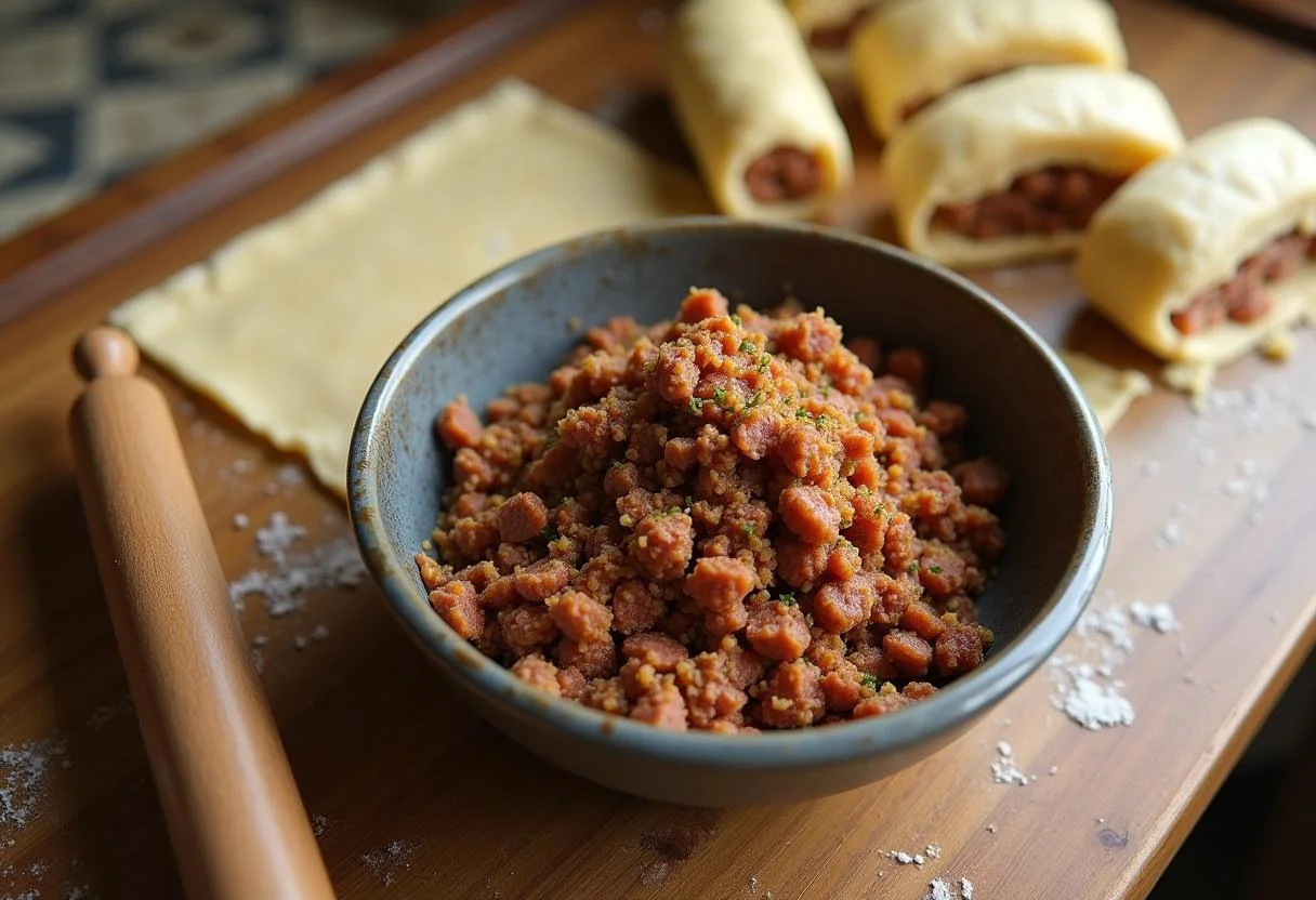 The Lord of the Rings Shire Sausage Rolls preparation with seasoned sausage and herbs in a bowl.