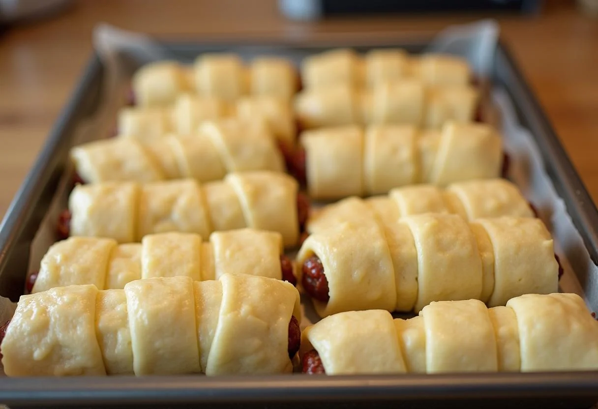 Shaping The Lord of the Rings Shire Sausage Rolls, rolled and neatly arranged on a baking tray.