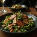Delicious close-up of The Matrix Agent Smith's System Shutdown Salad highlighting its fresh ingredients and vibrant colors in a cozy dining setting.