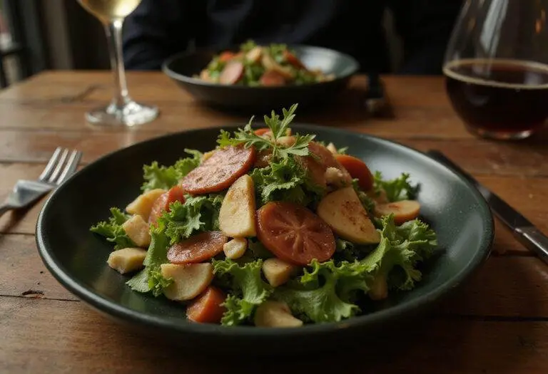 Delicious close-up of The Matrix Agent Smith's System Shutdown Salad highlighting its fresh ingredients and vibrant colors in a cozy dining setting.