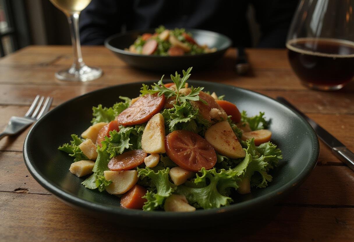 Delicious close-up of The Matrix Agent Smith's System Shutdown Salad highlighting its fresh ingredients and vibrant colors in a cozy dining setting.