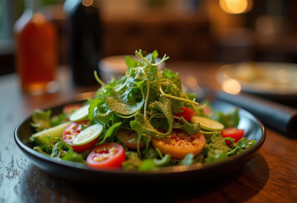 Delicious close-up of The Matrix Agent Smith's System Shutdown Salad highlighting its fresh ingredients and vibrant colors in a cozy dining setting.