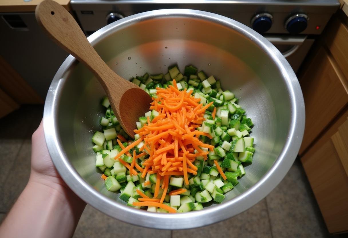 Large mixing bowl of chopped salad ingredients for The Matrix Agent Smith's System Shutdown Salad, with fresh vegetables being mixed in a professional kitchen setting.