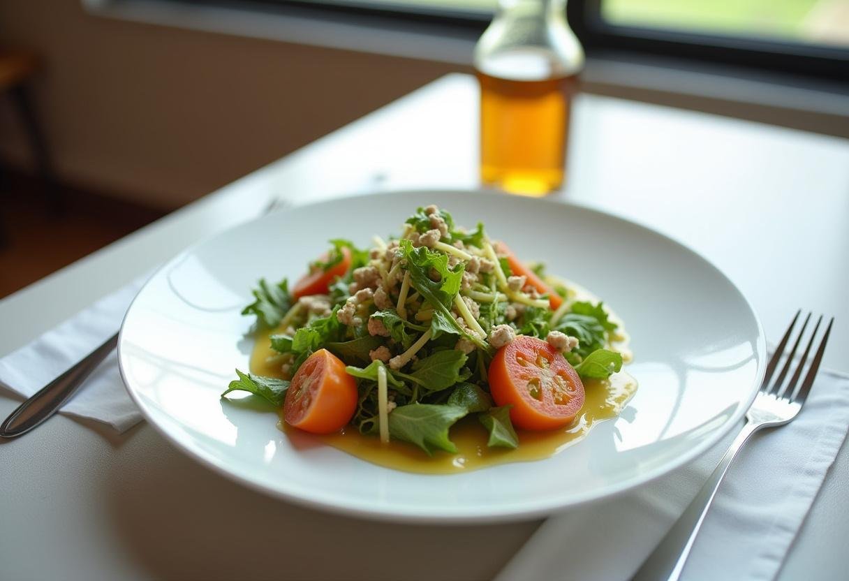 Artfully arranged The Matrix Agent Smith's System Shutdown Salad on a white plate, featuring vibrant vegetables and homemade dressing on a stylish dining table.