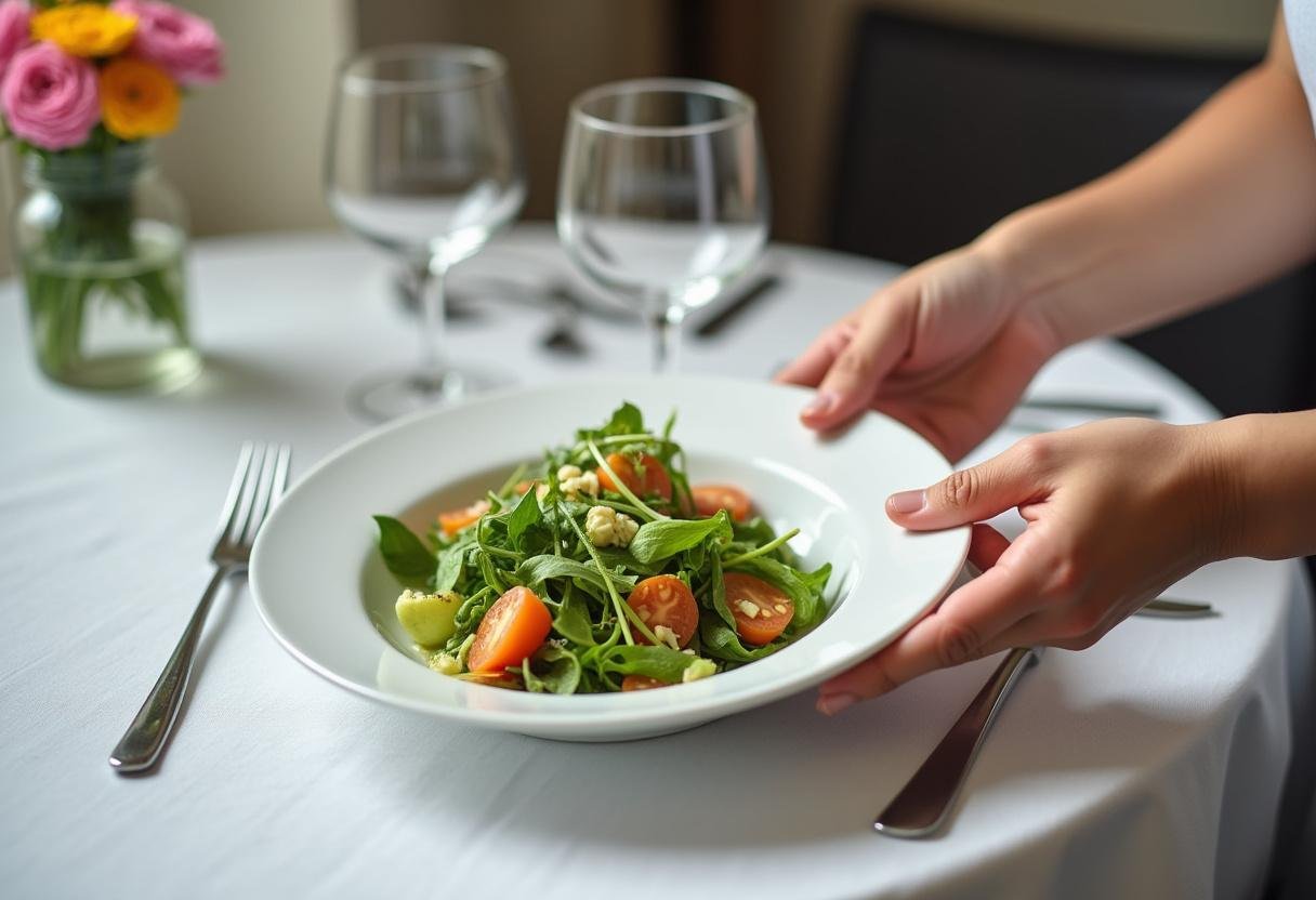 Setting The Matrix Agent Smith's System Shutdown Salad on a beautifully set dining table, surrounded by elegant cutlery and a vase, ready to serve.