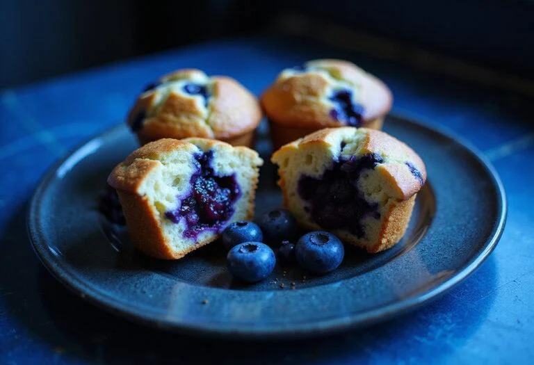 Final presentation of The Matrix Blue Pill Blueberry Muffins, showcasing their moist interior and rich blueberry flavor in a captivating blue setting.