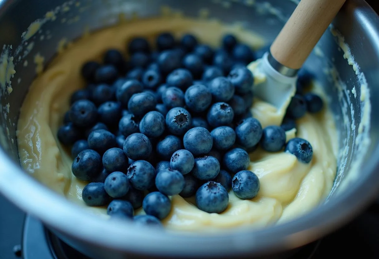 Incorporating fresh blueberries into the batter for The Matrix Blue Pill Blueberry Muffins, surrounded by a blue-themed kitchen setup.