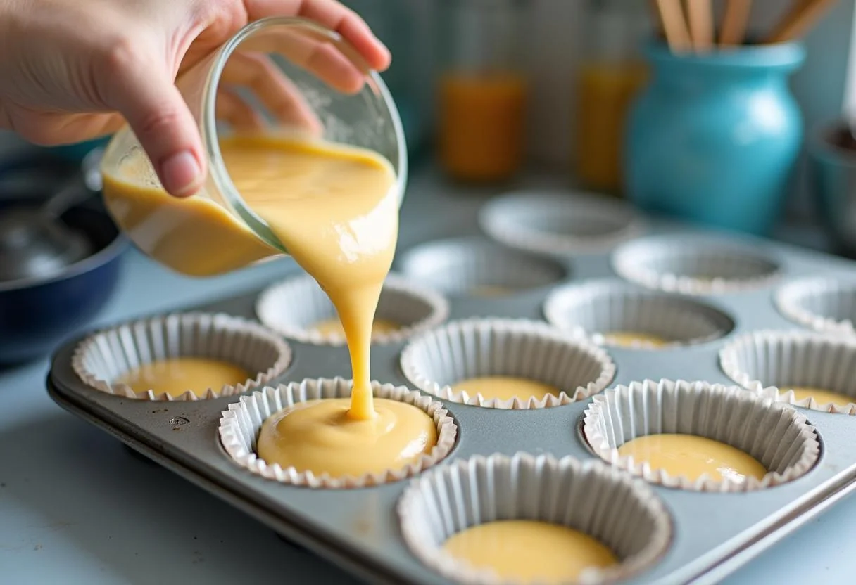 Pouring muffin batter into a tray for The Matrix Blue Pill Blueberry Muffins, with a blue-oriented environment enhancing the theme.