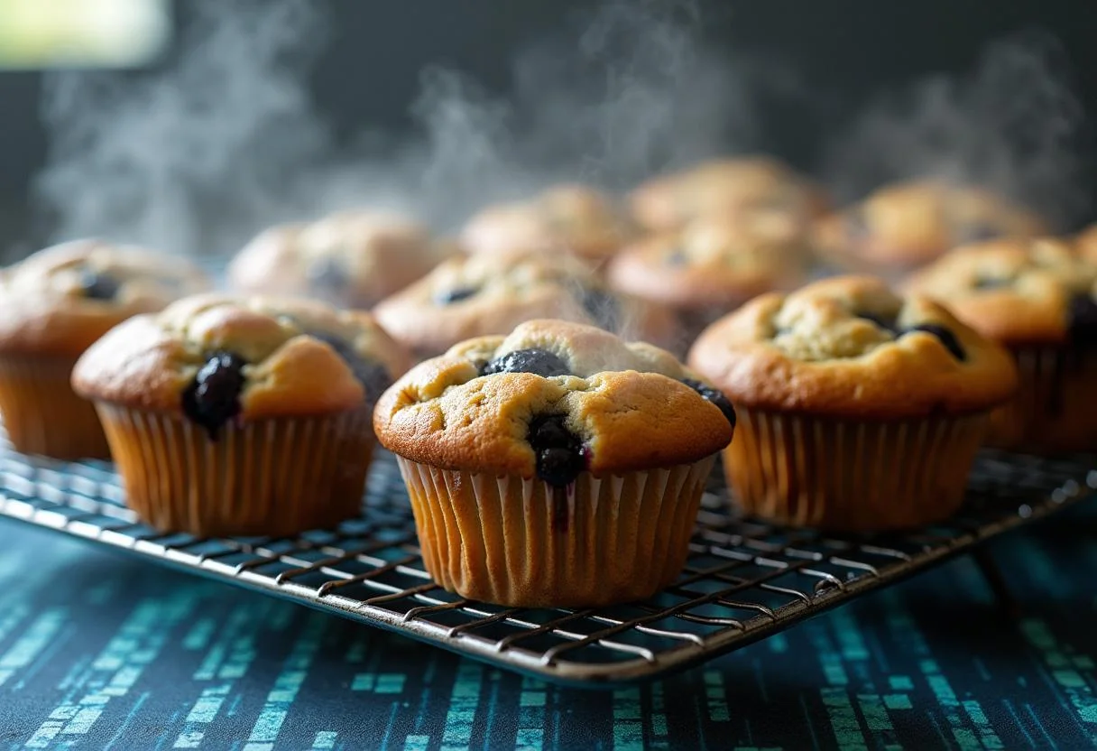 Cooling freshly baked The Matrix Blue Pill Blueberry Muffins on a rack, highlighting their fluffy texture and blueberry goodness.