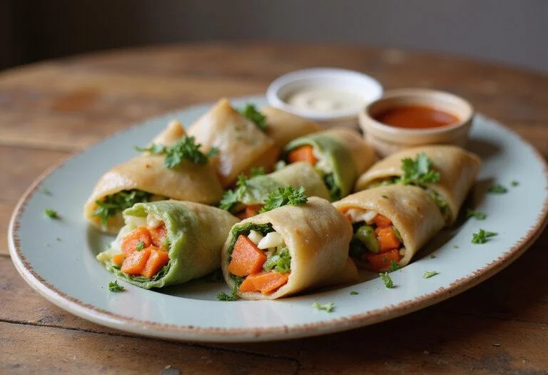 Final presentation of The Matrix Bullet Time Bites Vegetable Spring Rolls, highlighting the delicious colors and textures of the dish.