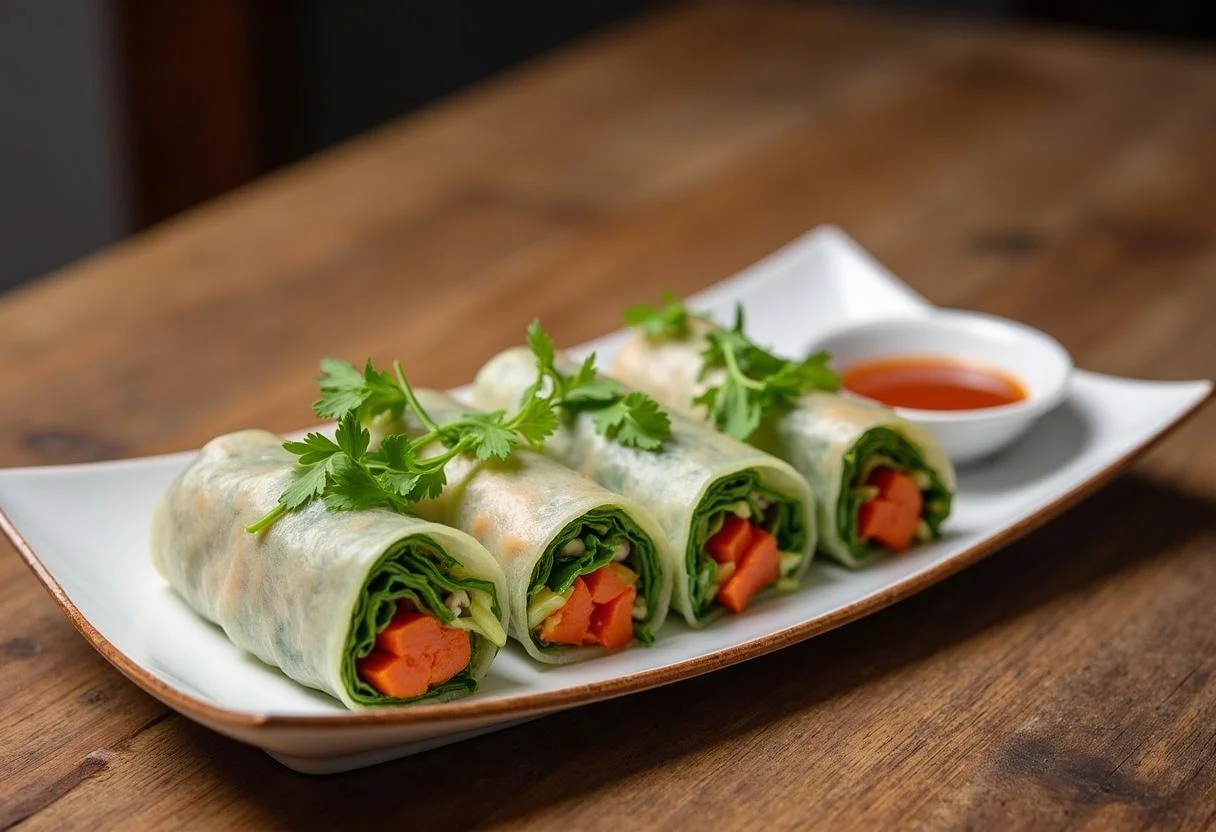 Final presentation of The Matrix Bullet Time Bites Vegetable Spring Rolls, highlighting the delicious colors and textures of the dish.