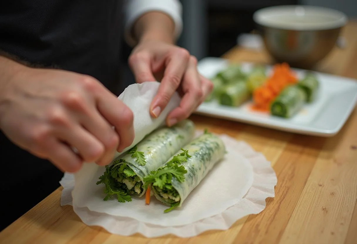 Artfully wrapped rice paper rolls filled with fresh vegetables for The Matrix Bullet Time Bites Vegetable Spring Rolls, highlighting the rolling process.