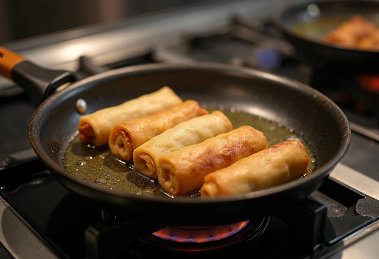 A frying pan ready to cook The Matrix Bullet Time Bites Vegetable Spring Rolls, capturing the cooking stage with oil bubbling.