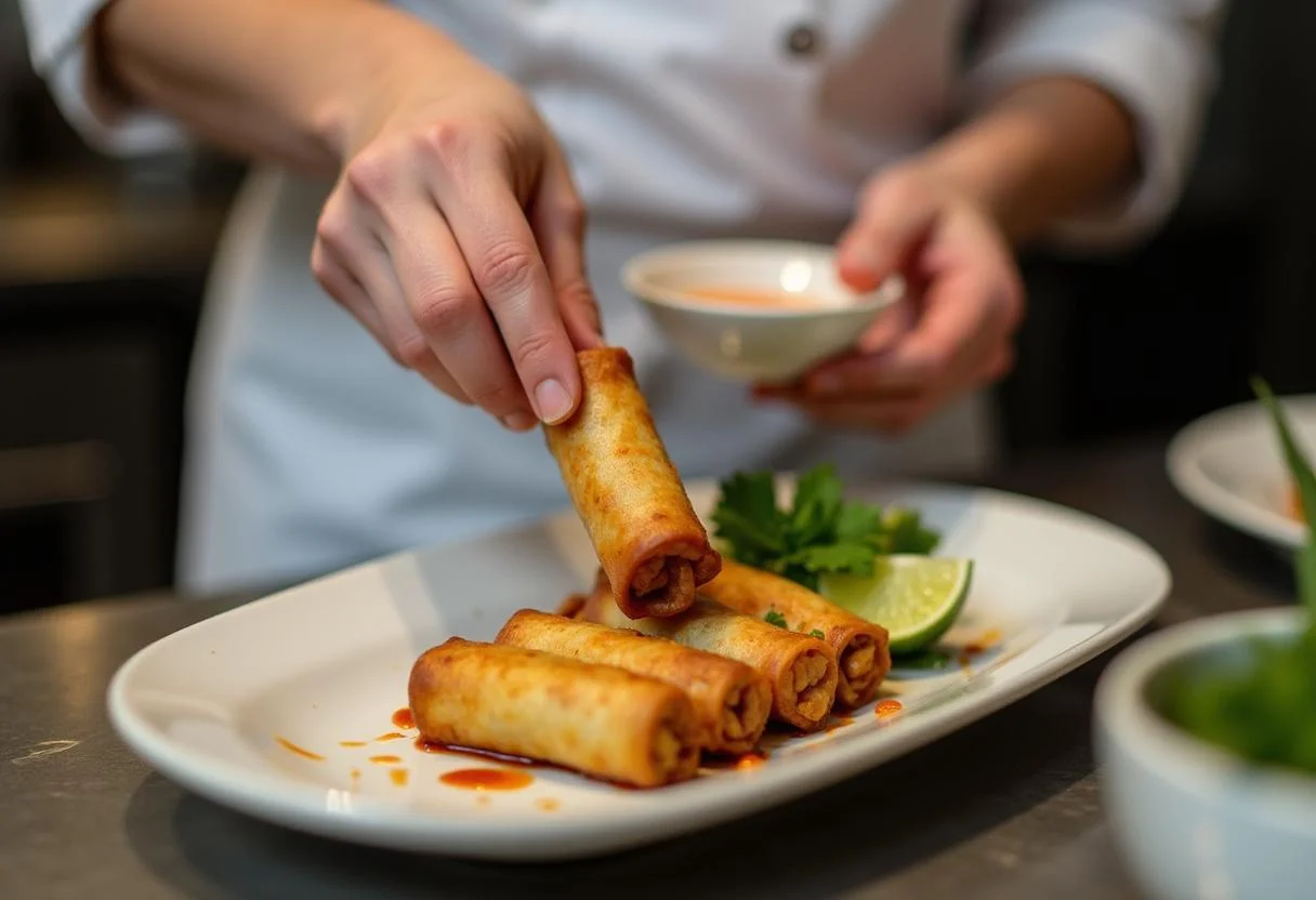 Plated and garnished The Matrix Bullet Time Bites Vegetable Spring Rolls ready to be served, featuring a beautiful arrangement and delicious dipping sauce.
