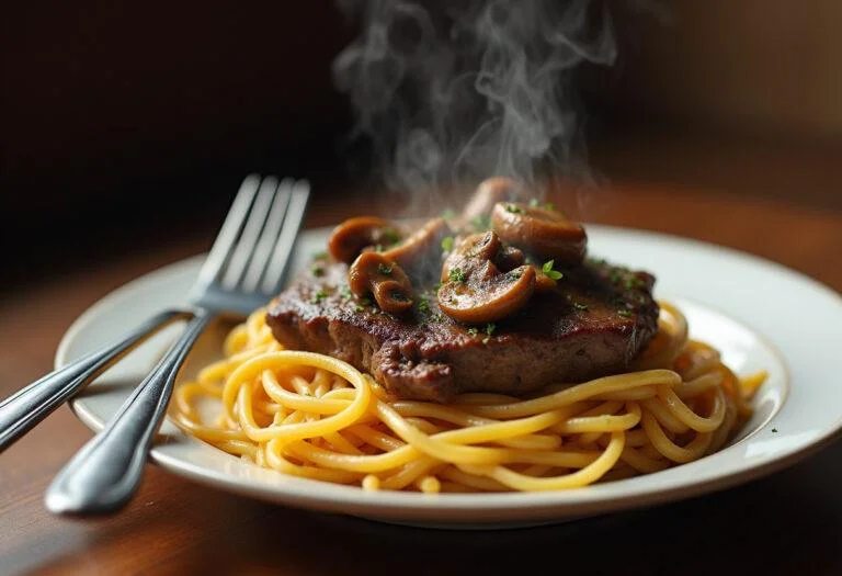Final presentation of The Matrix Cypher's Steak Mushroom and Spaghetti, a tantalizing dish ready to serve.