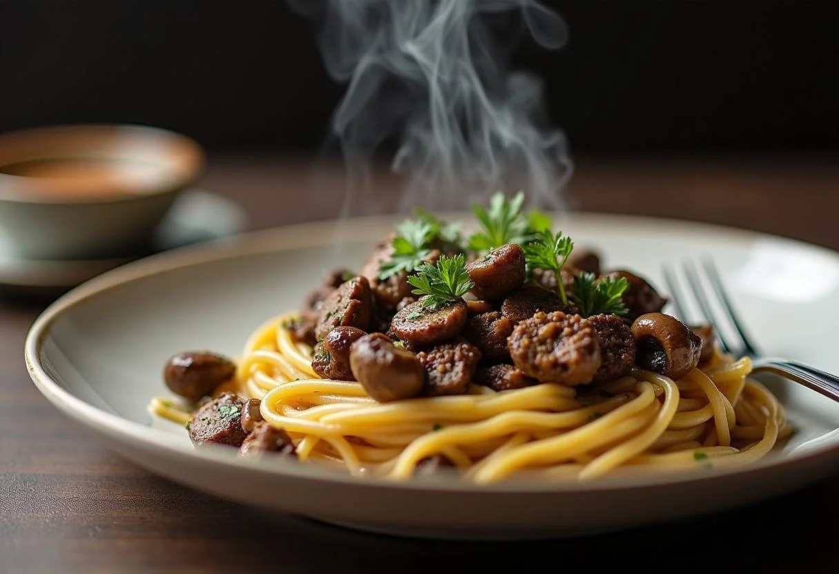 Final presentation of The Matrix Cypher's Steak Mushroom and Spaghetti, a tantalizing dish ready to serve.
