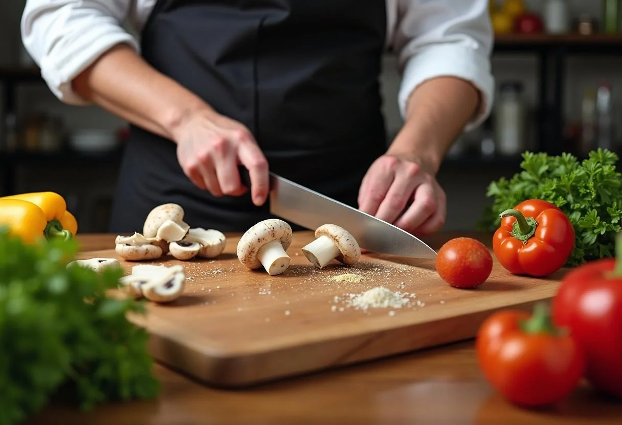 Slicing fresh mushrooms for The Matrix Cypher's Steak Mushroom and Spaghetti, vibrant kitchen scene with vegetables.
