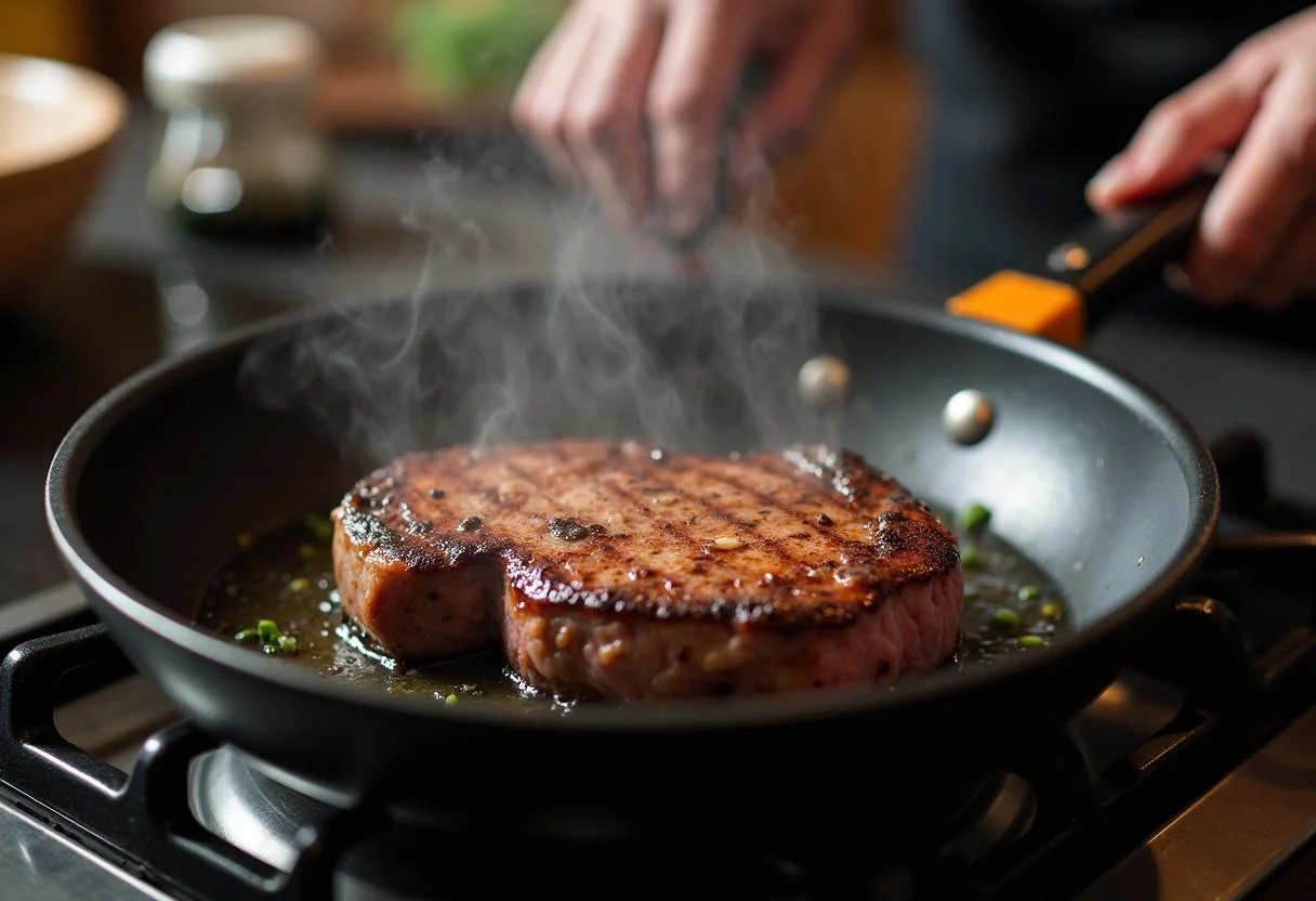 Cooking steak in a frying pan for The Matrix Cypher's Steak Mushroom and Spaghetti, with savory aroma filling the kitchen.