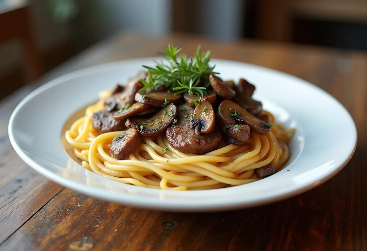 Plated The Matrix Cypher's Steak Mushroom and Spaghetti, showcasing a delicious combination of steak and mushrooms.
